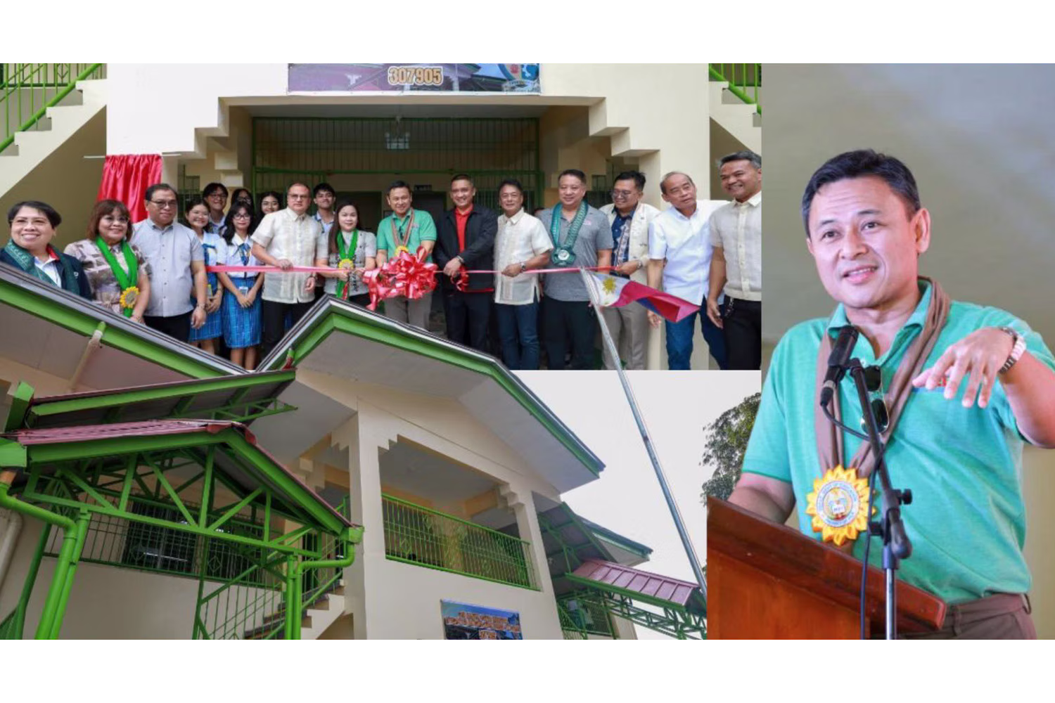 ラグナ州ピラ町で行われた教室賃借りプログラムの発足式でスピーチするアンガラ大臣（右端）と賃借りするために改装した元私立学校の教室の様子