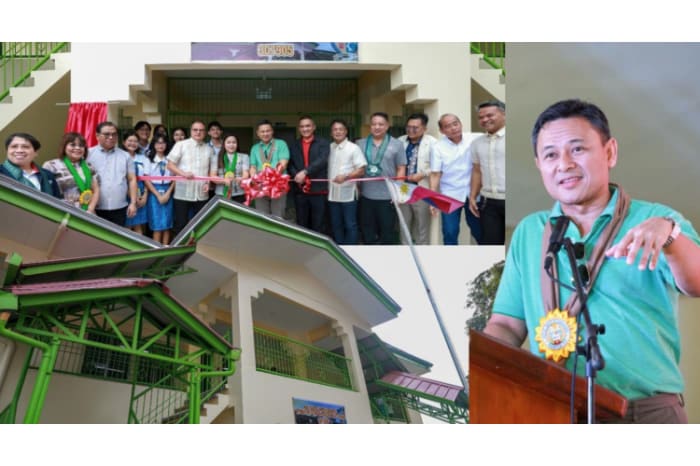 ラグナ州ピラ町で行われた教室賃借りプログラムの発足式でスピーチするアンガラ大臣（右端）と賃借りするために改装した元私立学校の教室の様子