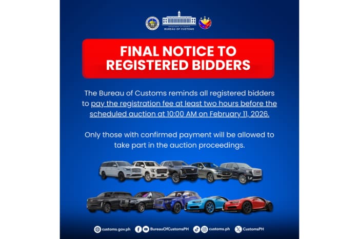 ディスカヤ夫妻からの押収品を含む関税庁の高級車の競売参加を呼びかける公示の画像