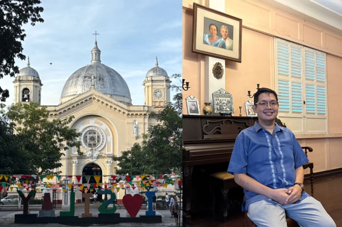 （右）取材に応じる州政府歴史委員会のロクシン氏。