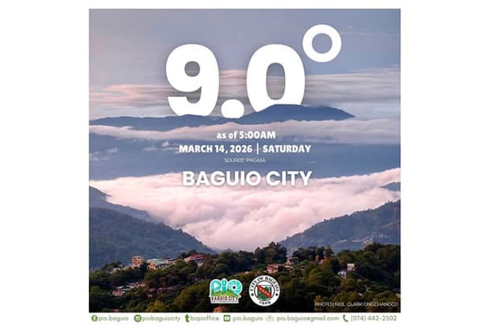 バギオ市で14日に9度まで気温が下がったと告知する市役所フェイスブックページのスクリーンショット