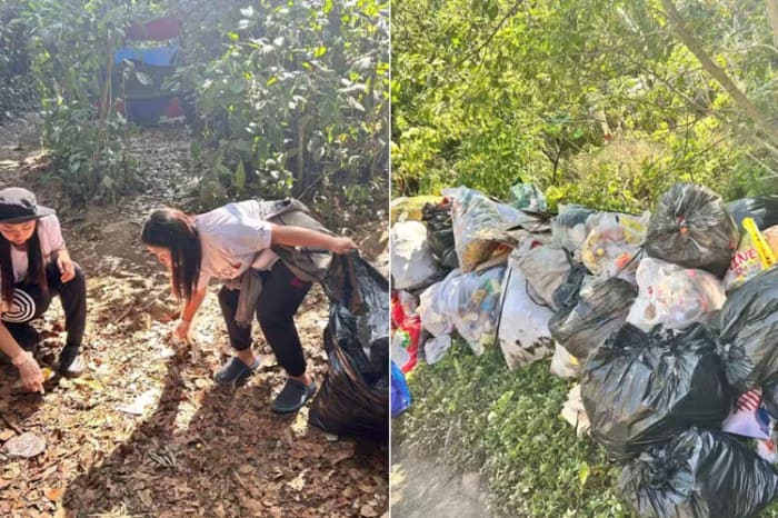 ケソン州ドロレスのバナハウ山で、巡礼者や観光客が残したごみを回収する保護区域管理事務所職員と、集められたごみ