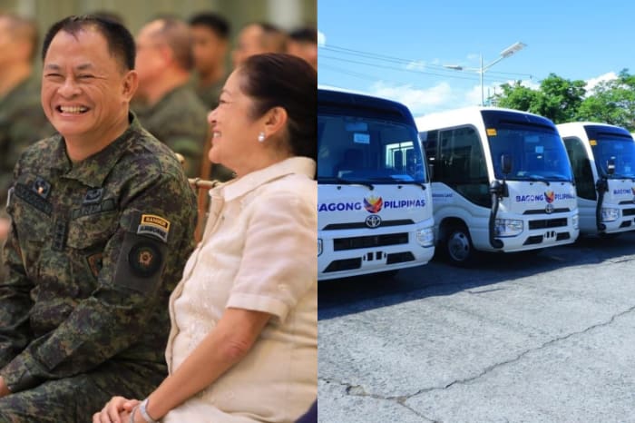 （左）陸軍総司令官と談笑するマルコス大統領夫人／（右）供与された移動式医療車両