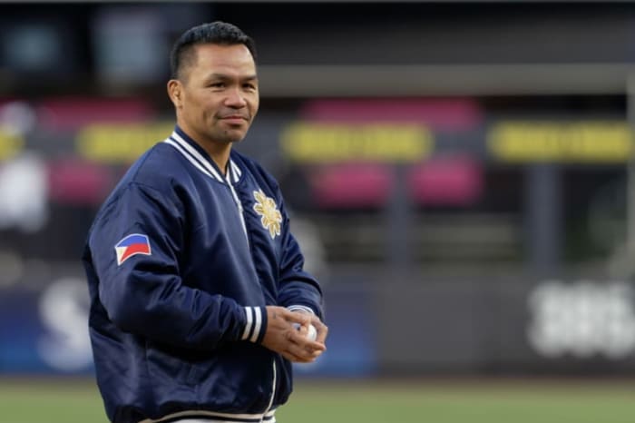 4月にヤンキースタジアムのマウンドに上ったパッキャオ氏(パッキャオ陣営提供)