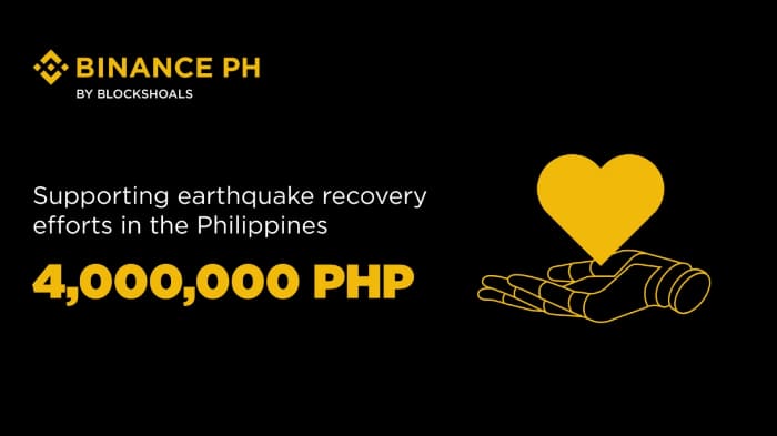 Binance Philippines by BlockShoalsによる地震被災者向けファンドレイジングの募金活動を紹介するイメージ
