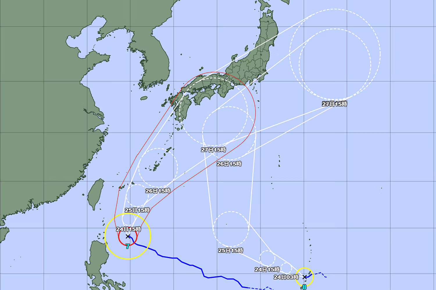 台風７、８号の予想進路図