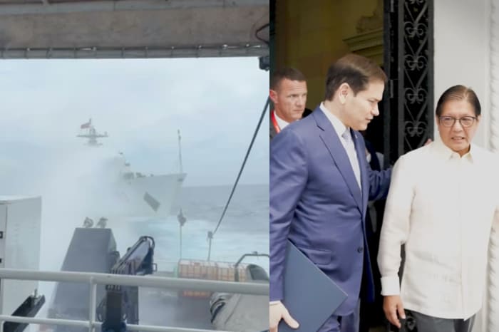 24日に放水した中国海警船（左写真）と、マルコス大統領と会話するルビオ国務長官（右写真の左）