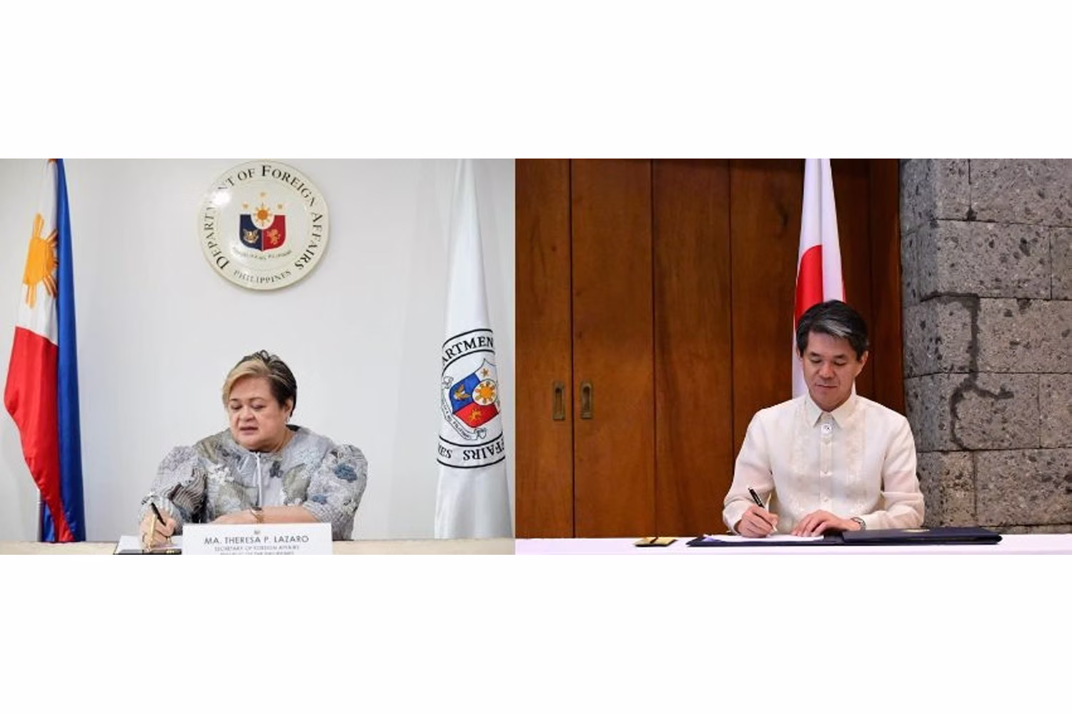 円借款交換公文に署名する遠藤大使（右）とラザロ外相