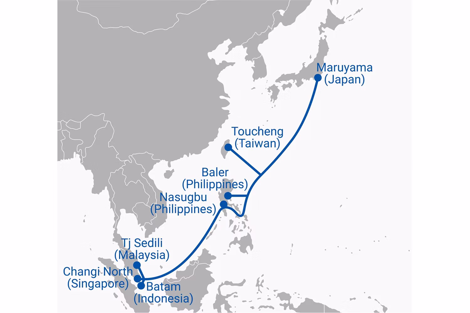 新国際海底ケーブルの敷設区間の地図