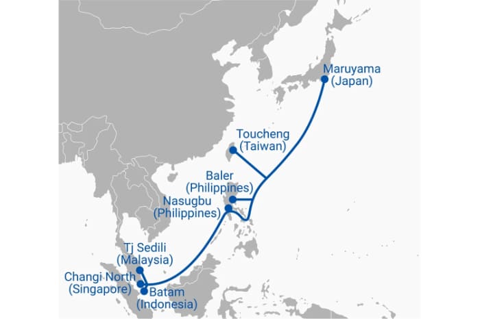 新国際海底ケーブルの敷設区間の地図